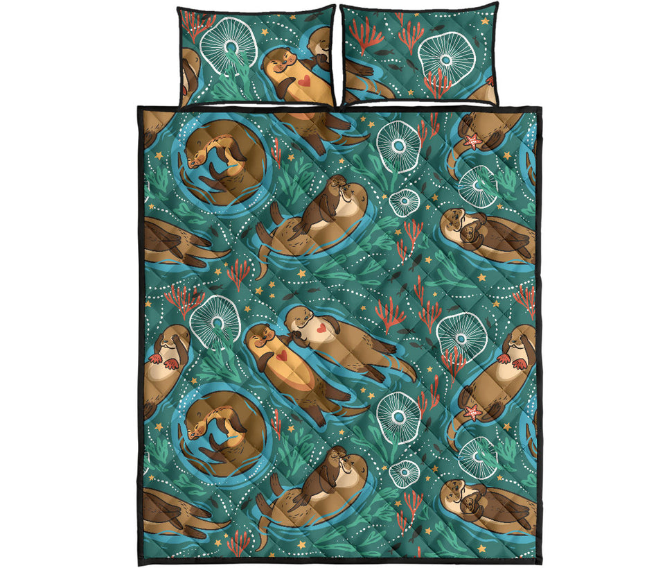 cute brown sea otters ornamental seaweed corals green water Quilt Bed Set