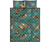 cute brown sea otters ornamental seaweed corals green water Quilt Bed Set