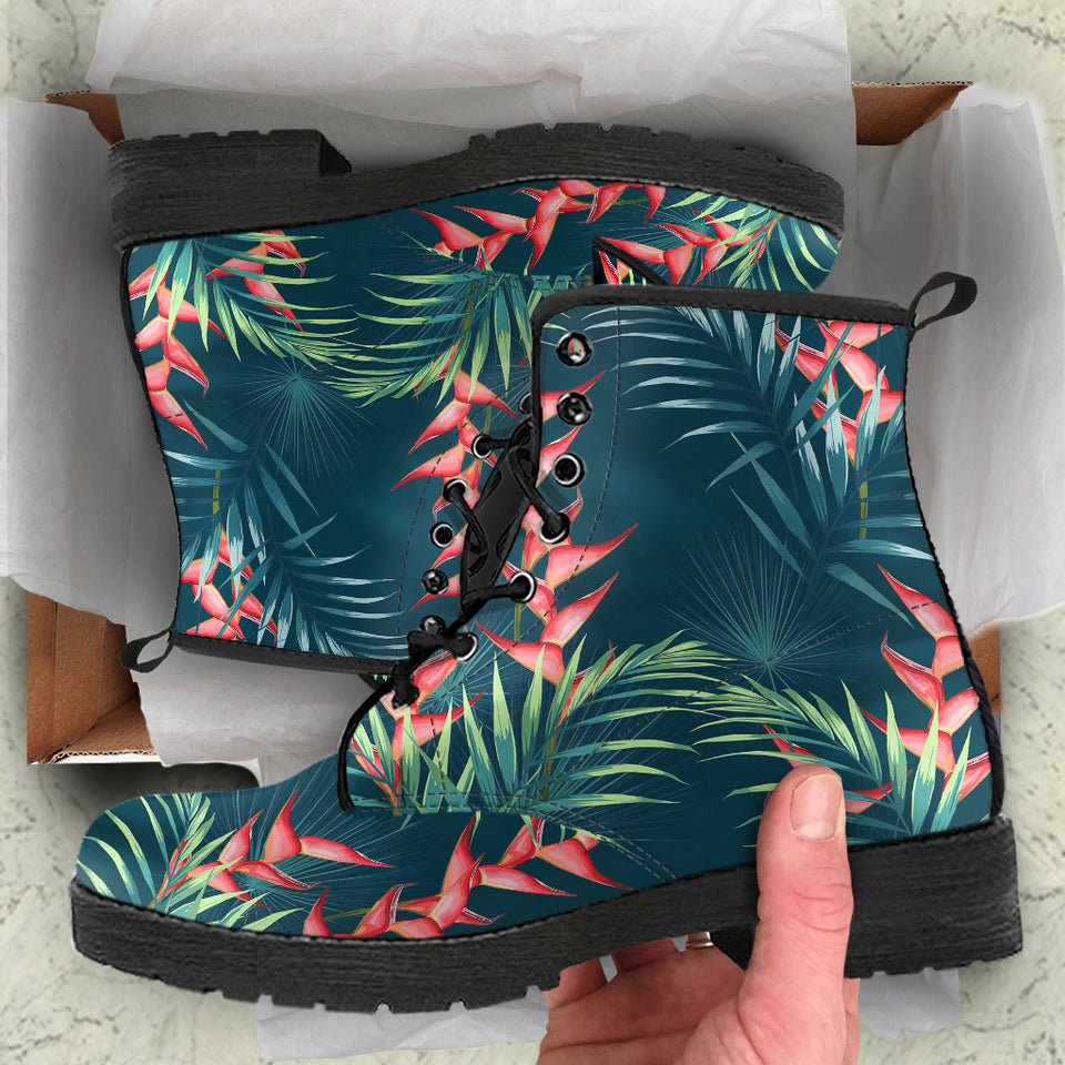 Heliconia Flowers, Palm And Monstera Leaves On Black Background Pattern Leather Boots