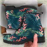 Heliconia Flowers, Palm And Monstera Leaves On Black Background Pattern Leather Boots