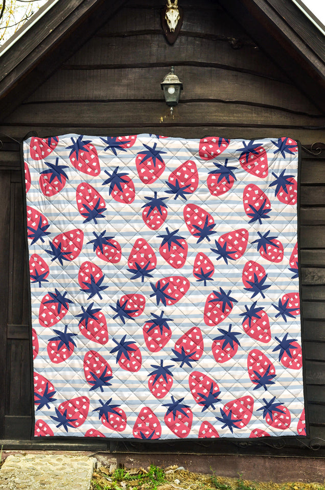 Strawberry Pattern Blue Lines Background Premium Quilt