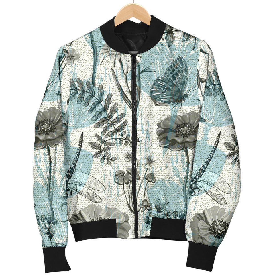 Dragonfly Butterfly Plants Insect Flower Vintage Style Pattern Women'S Bomber Jacket
