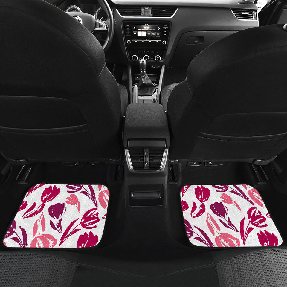 Pink Sketch Tulip Pattern Front And Back Car Mats