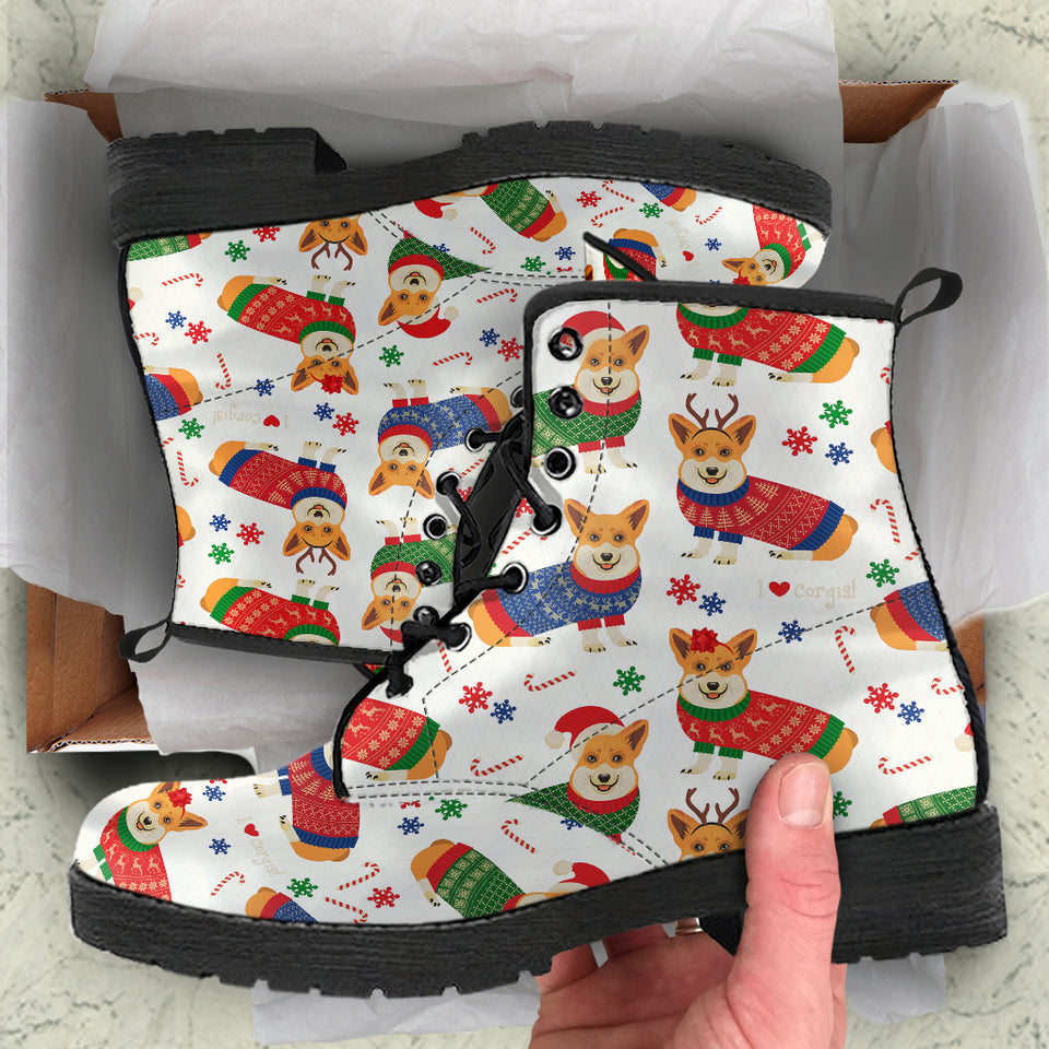 Corgi Christmas Pattern Leather Boots