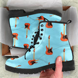 Electric Guitar Pattern Light Blue Background Leather Boots