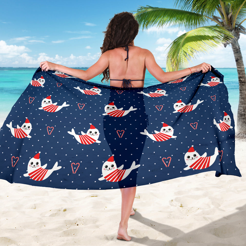 Cute Sea Lion Seal Christmas Hat Candy Cane Heart Pattern Sarong