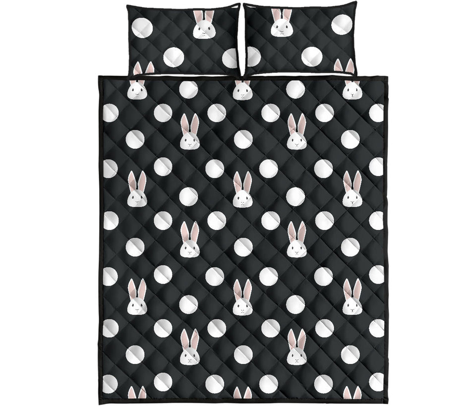 Cute white rabbit polka dots black background Quilt Bed Set