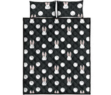 Cute white rabbit polka dots black background Quilt Bed Set