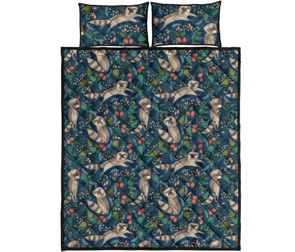 Raccoon tropical leaves pattern Quilt Bed Set