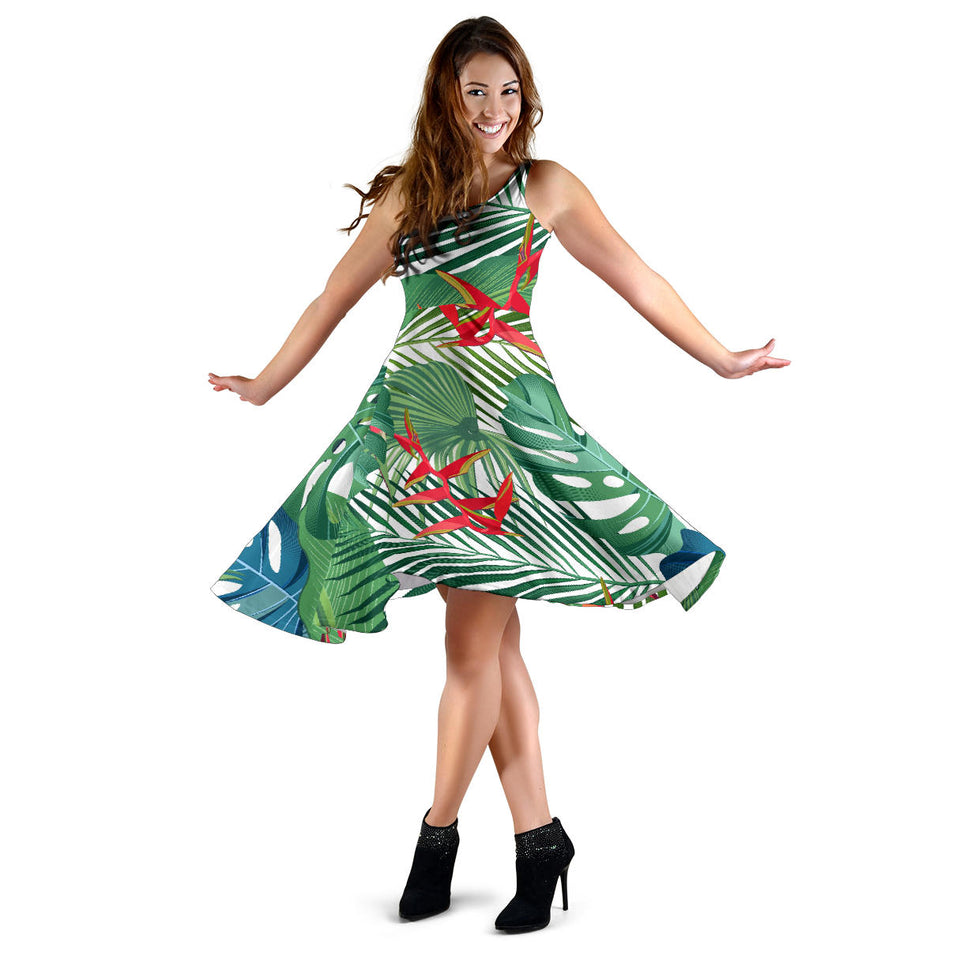 Heliconia Palm And Monstera  Leaves Pattern Sleeveless Midi Dress