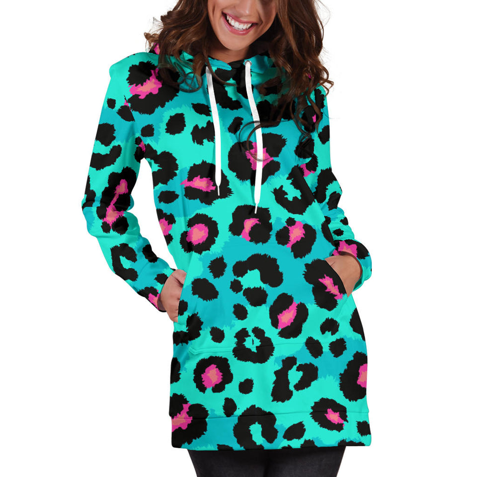 Green Leopard Skin Print Pattern Women'S Hoodie Dress