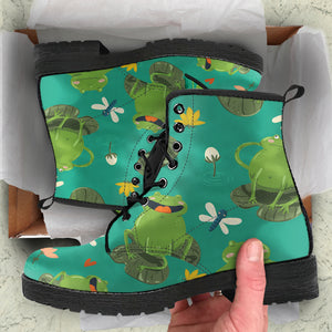 Cute Frog Dragonfly Design Pattern Leather Boots
