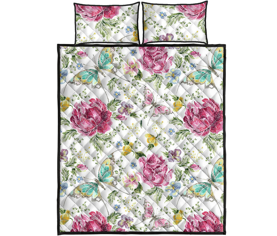 Hand drawn butterfly rose Quilt Bed Set