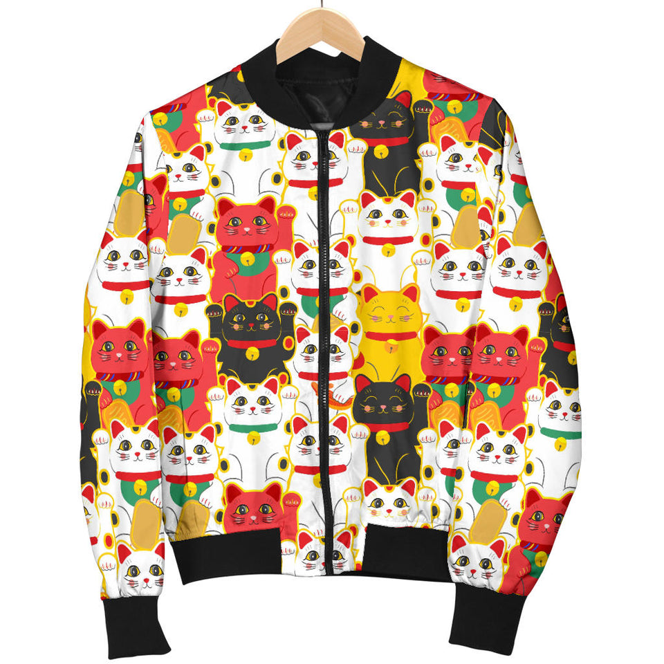 Colorful Maneki Neko Lucky Cat Pattern Women'S Bomber Jacket