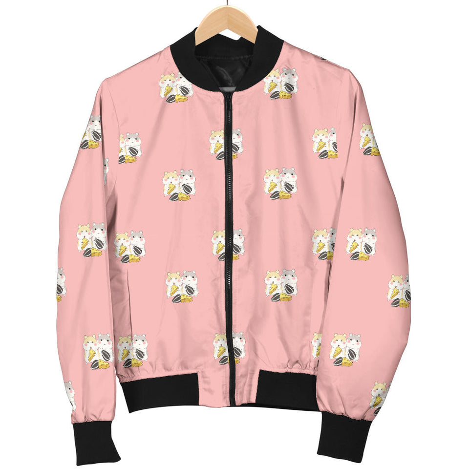Cute Hamster Cheese Pattern Pink Background Women'S Bomber Jacket