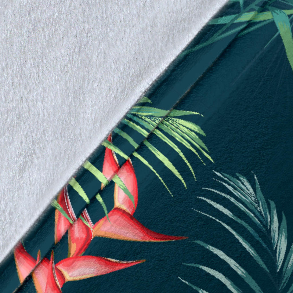 Heliconia Flowers, Palm And Monstera Leaves On Black Background Pattern Premium Blanket