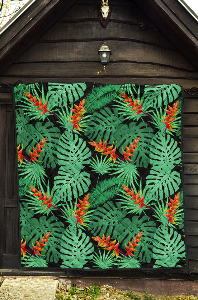 Heliconia Flower Palm Monstera Leaves Black Background Premium Quilt