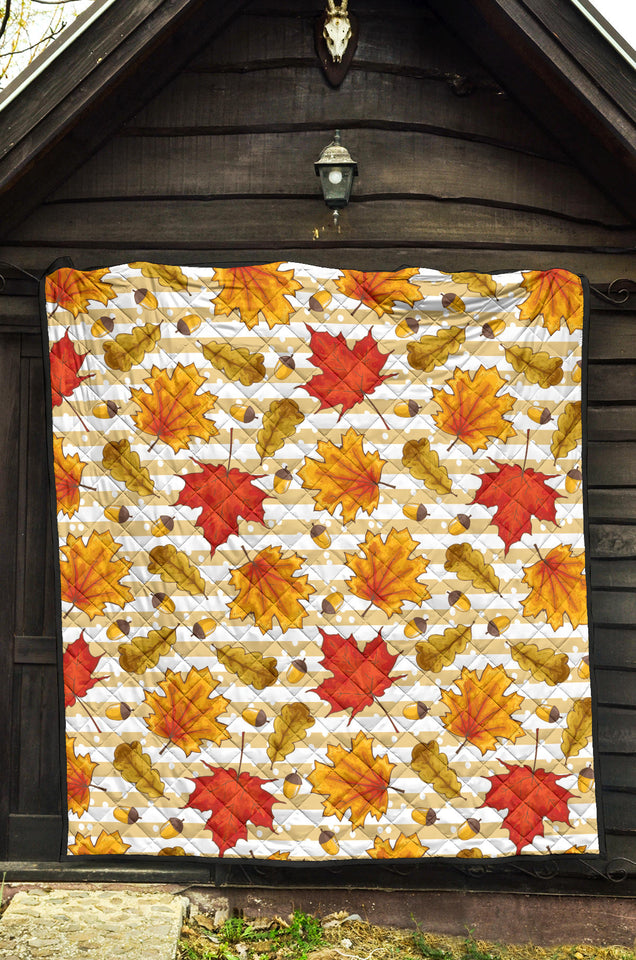 Maple Leaf Oak Leaf Acorns Beige Striped Background Premium Quilt