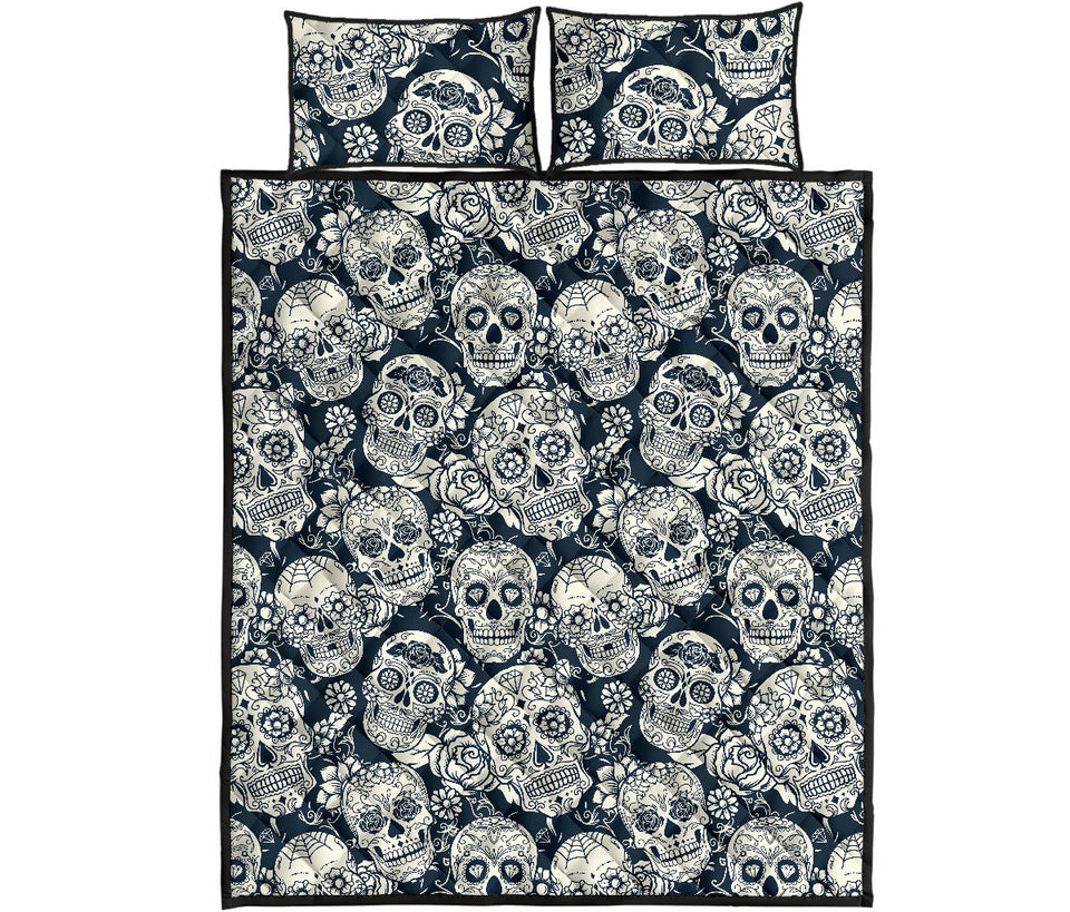 Sugar skull black white pattern Quilt Bed Set