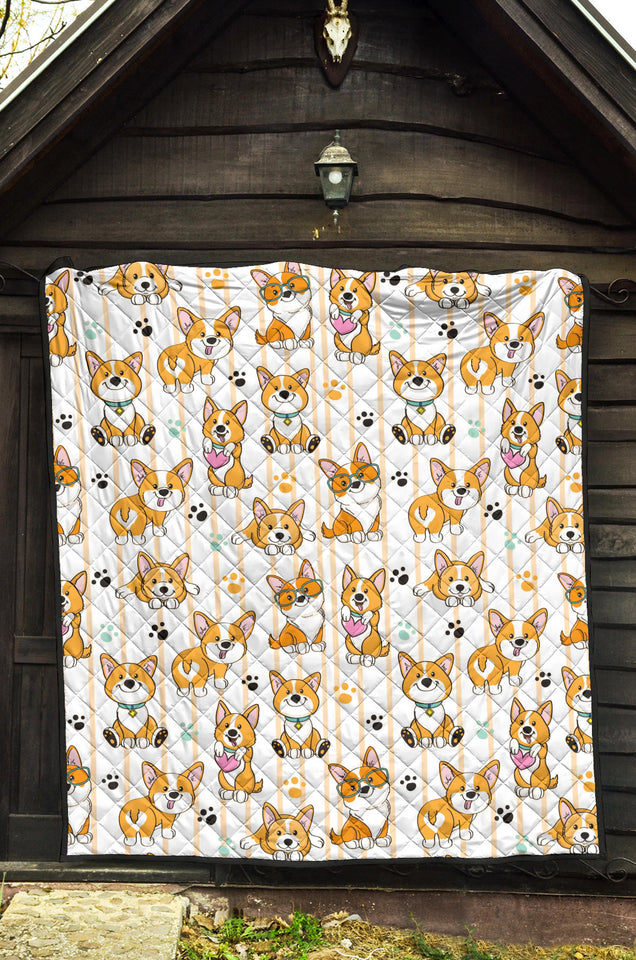 Cute Dog Corgi Striped Background Pattern Premium Quilt