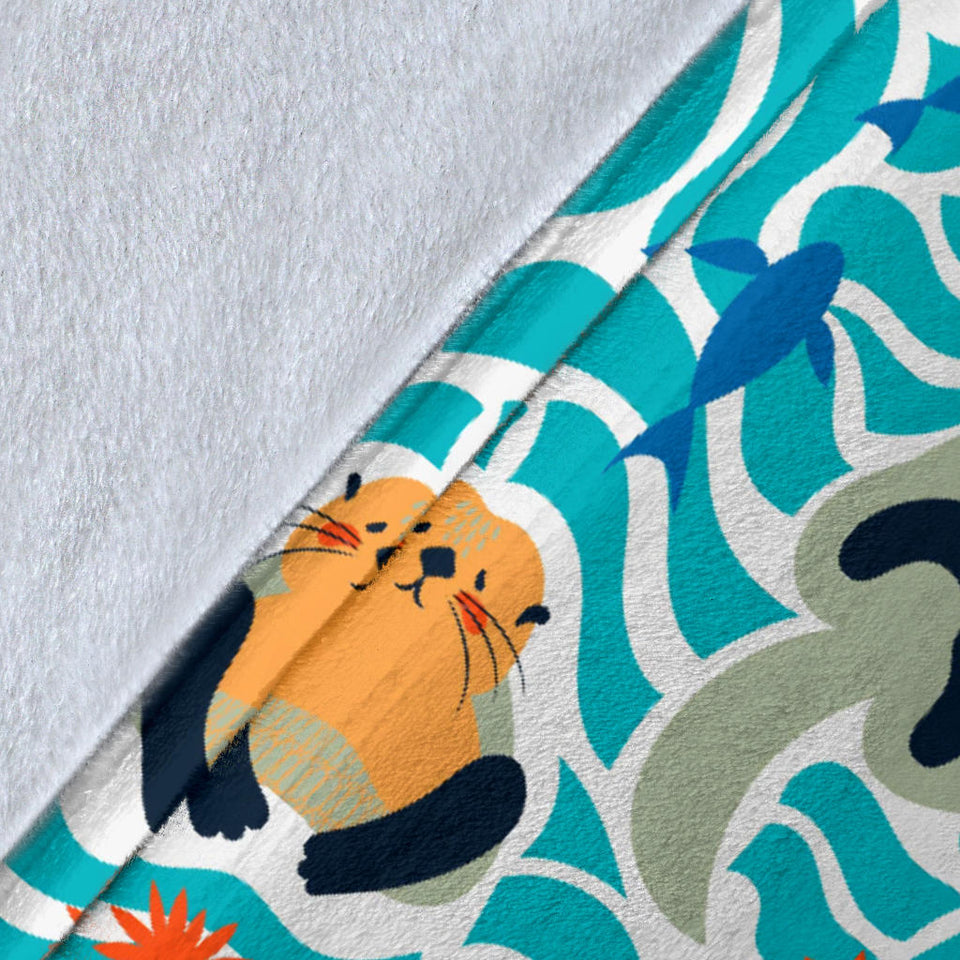 Cute Sea Otters Fishe Sea Urchin Pattern Premium Blanket
