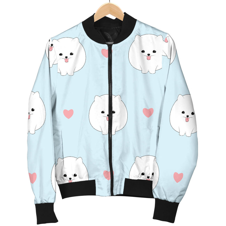White Cute Pomeranian Pattern Women'S Bomber Jacket