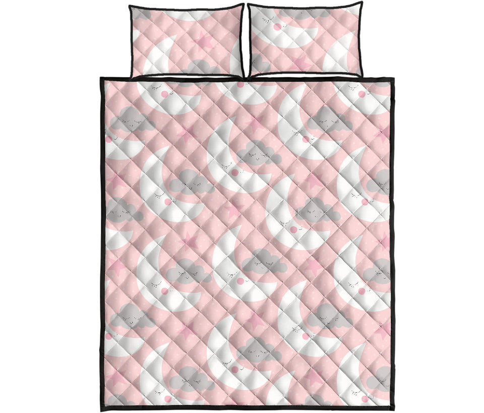 Cute moon cloud star pattern pink dot background Quilt Bed Set