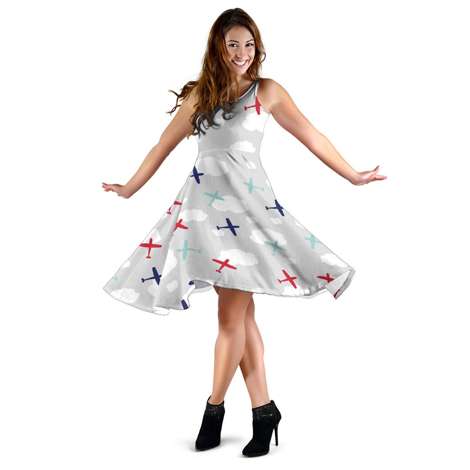 Airplane Cloud Grey Background Sleeveless Midi Dress