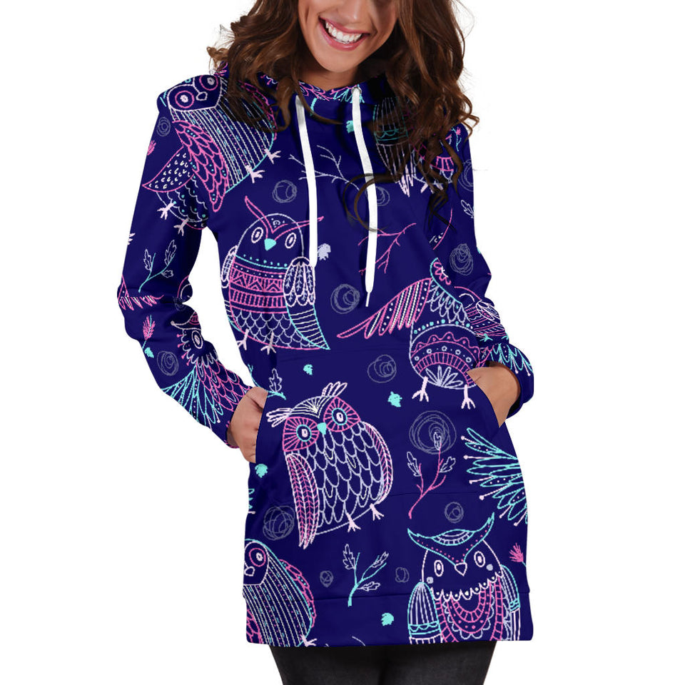 Cute Owls Pattern Boho Style Ornament Women'S Hoodie Dress