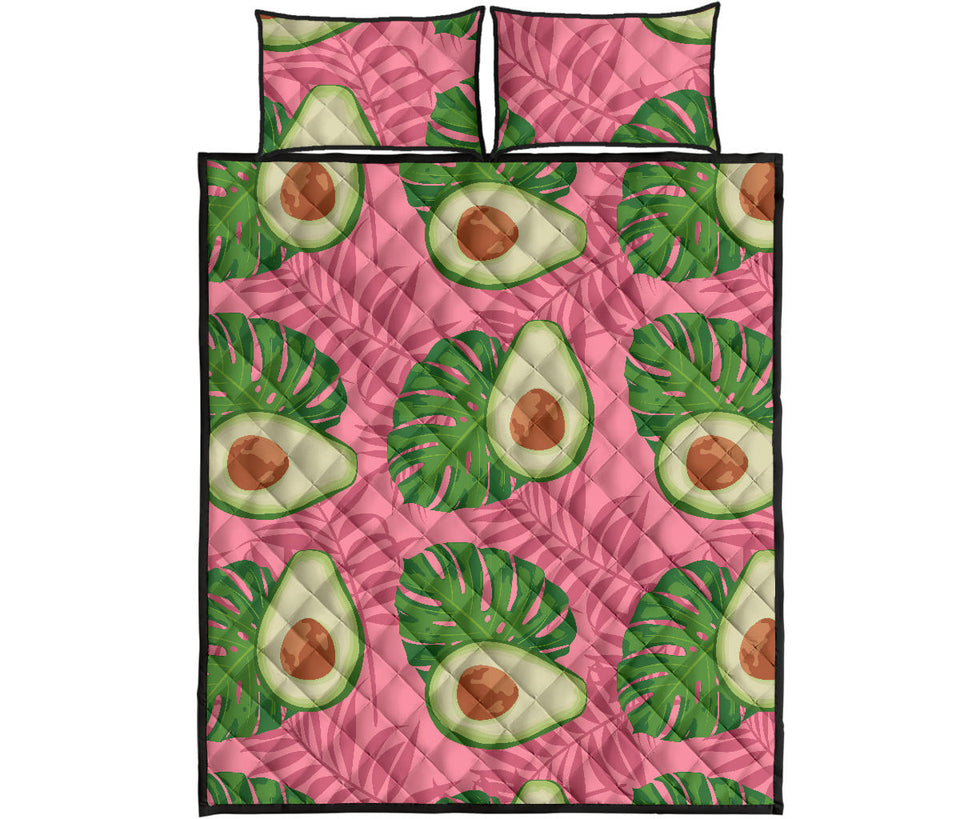 Avocado slices leaves pink back ground Quilt Bed Set