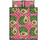 Avocado slices leaves pink back ground Quilt Bed Set