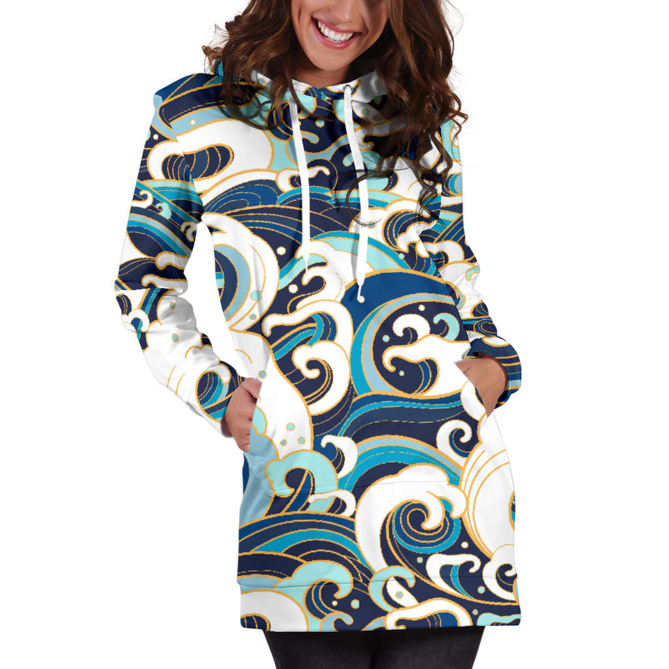 Japanese Wave Pattern Women'S Hoodie Dress