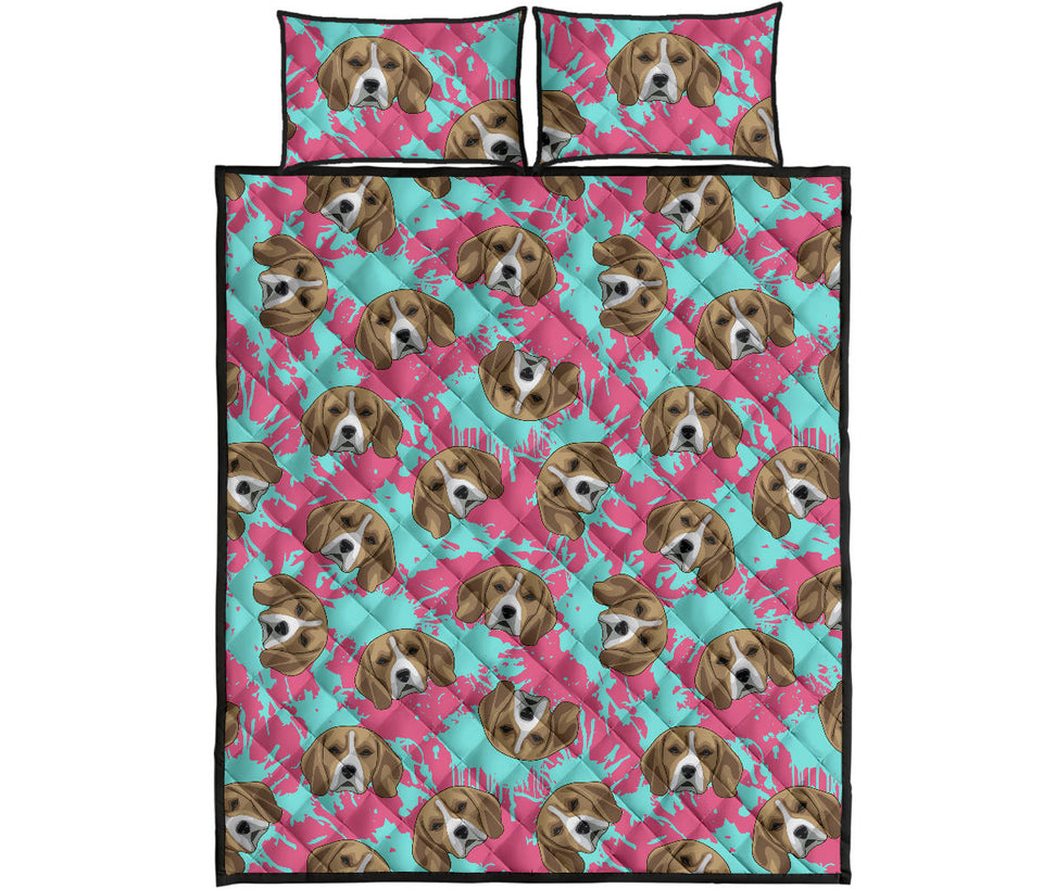 Beagle muzzles turquoise paint splashes pink pattern Quilt Bed Set