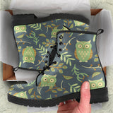 Cute Owls Leaves Pattern Leather Boots