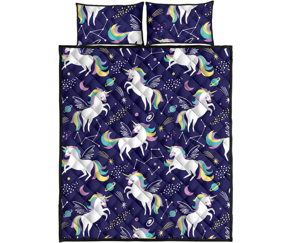 Hand drawn cute unicorn star planet Quilt Bed Set