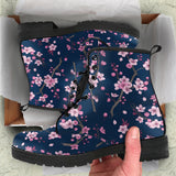 Pink Sakura Cherry Blossom Blue Background Leather Boots