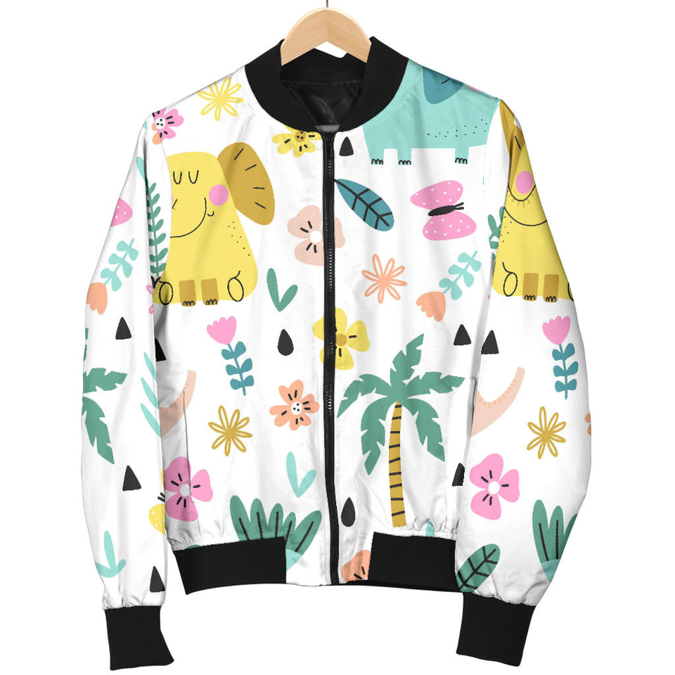 Cute Elephants Palm Tree Flower Butterfly Pattern Women'S Bomber Jacket