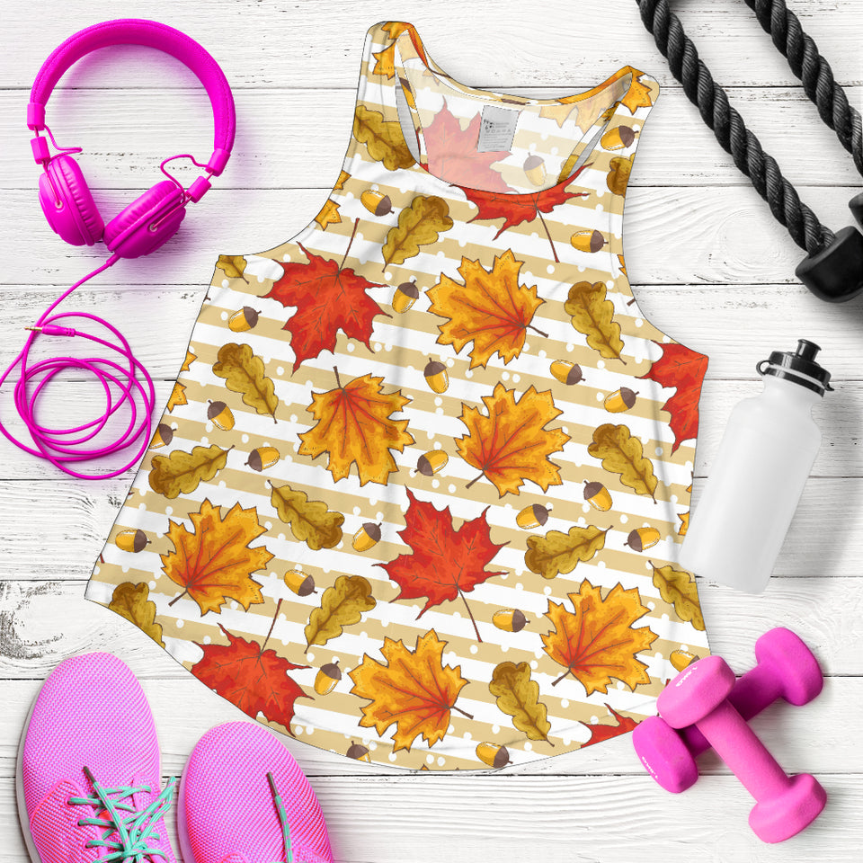 Maple leaf oak leaf acorns beige striped background Women Racerback Tank Top