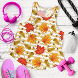 Maple leaf oak leaf acorns beige striped background Women Racerback Tank Top