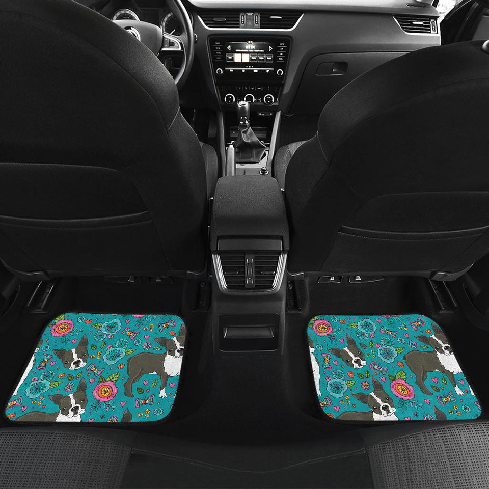 Boston Terrier Beautiful Flower Pattern Front And Back Car Mats