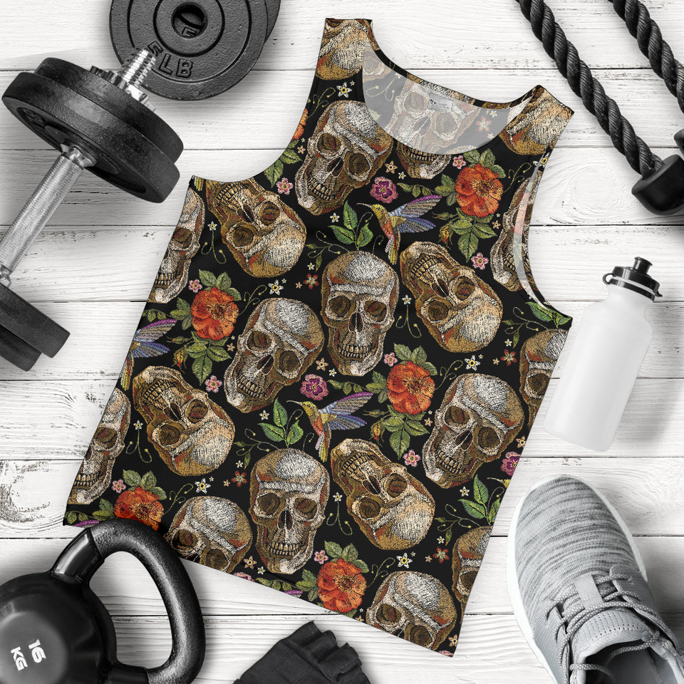 Skull rose humming bird flower pattern Men Tank Top