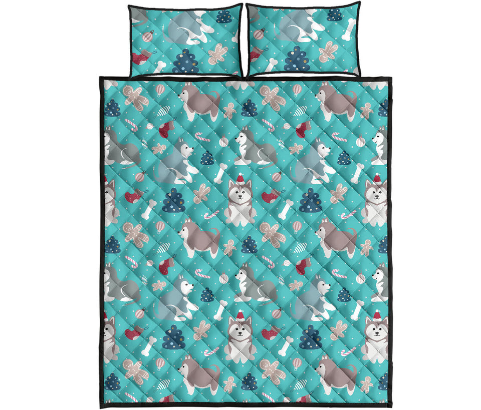 Christmas cute siberian husky puppie pattern Quilt Bed Set