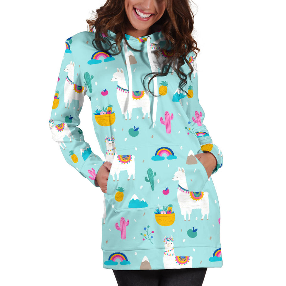 Llama Alpaca Cactus Leaves Pattern Women'S Hoodie Dress