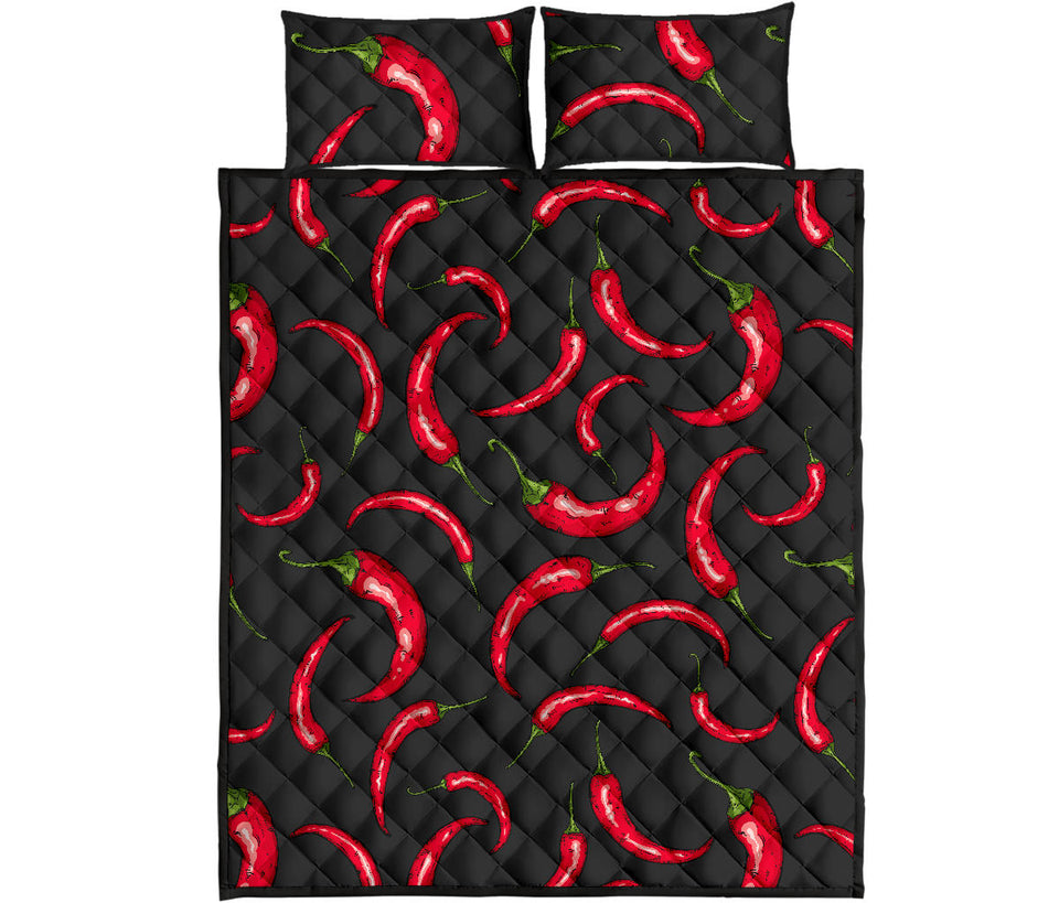 Chili peppers pattern black background Quilt Bed Set