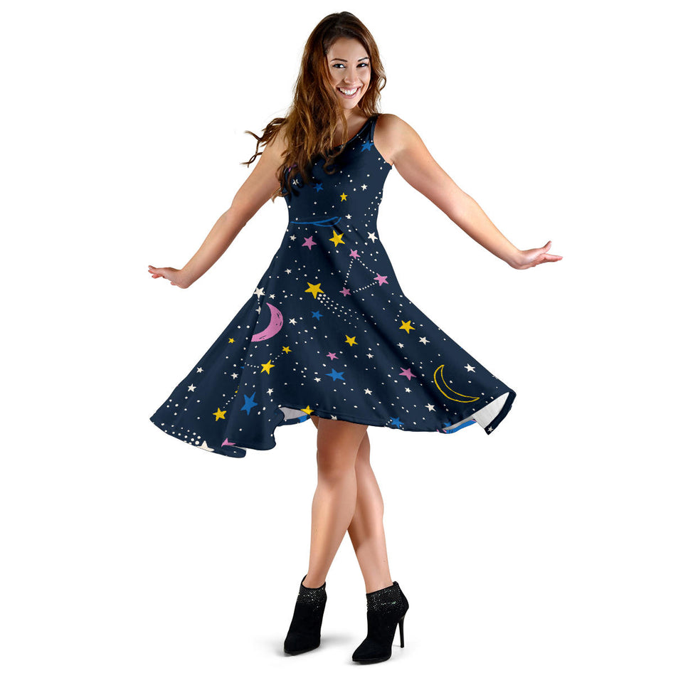Space Pattern With Planets, Comets, Constellations And Stars Sleeveless Midi Dress