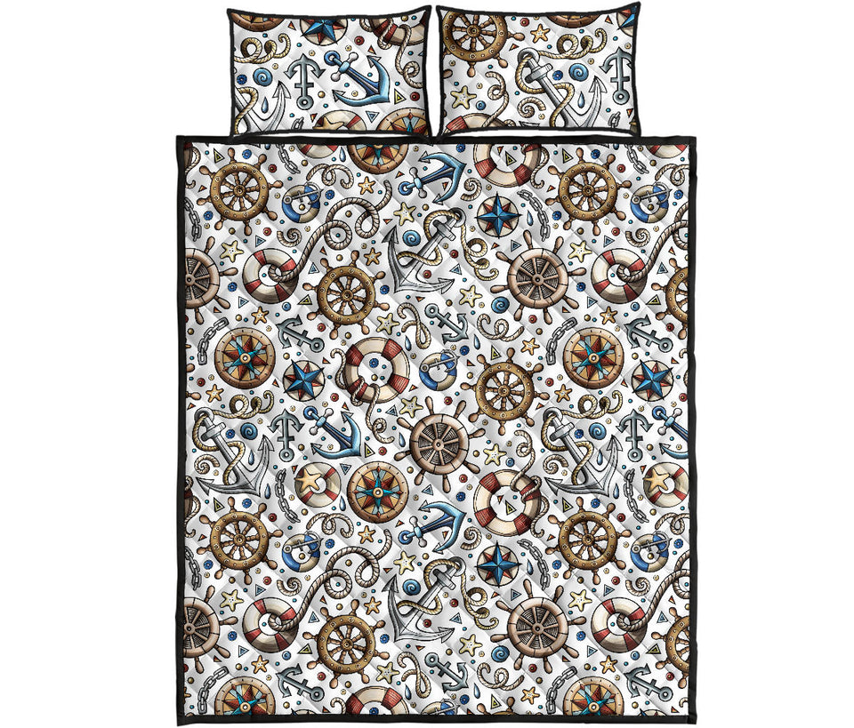 Cute nautical steering wheel anchor pattern Quilt Bed Set