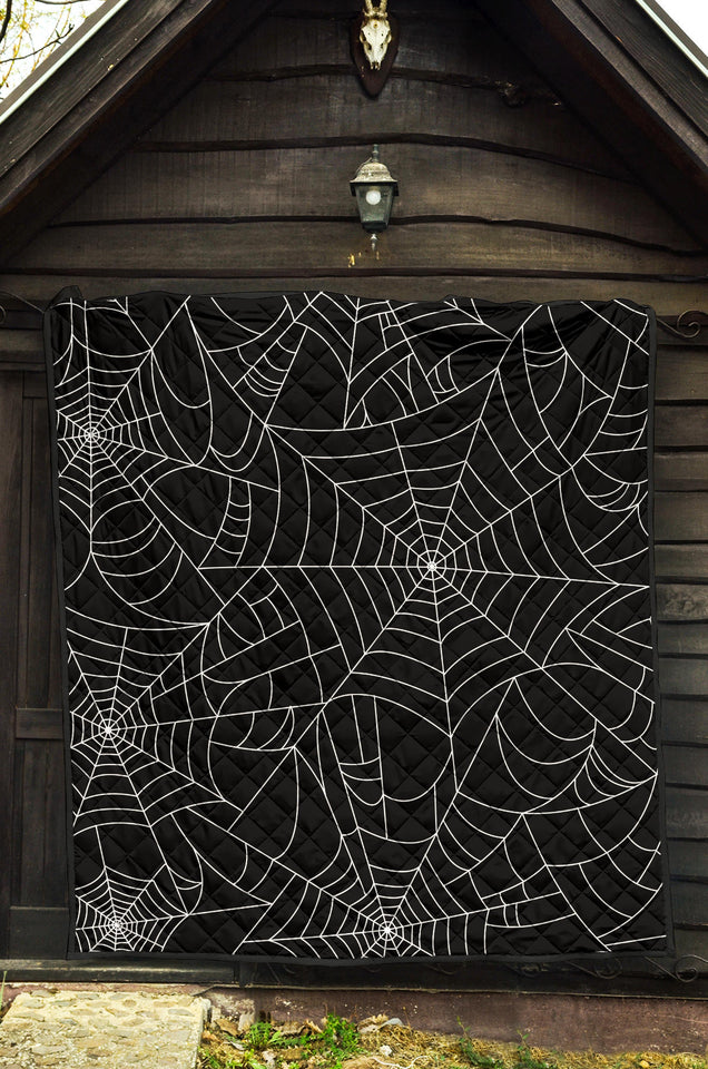 Spider Web Pattern Black Background White Cobweb Premium Quilt