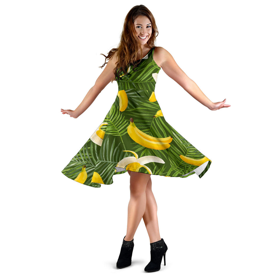 Banana Palm Leaves Pattern Sleeveless Midi Dress