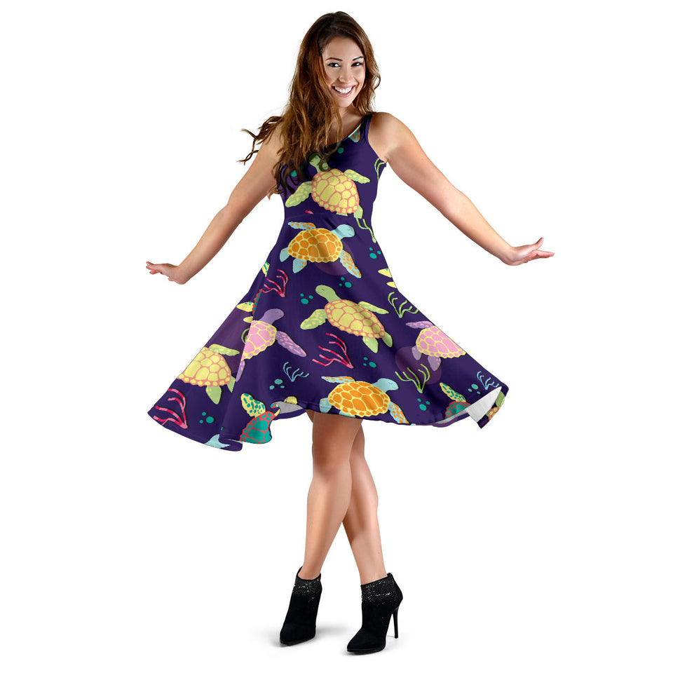 Colorful Sea Turtle Pattern Sleeveless Midi Dress