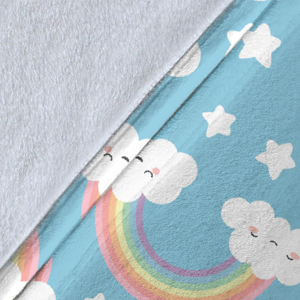 Cute Rainbow Clound Star Pattern Blue Background Premium Blanket